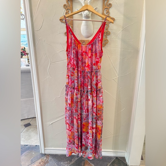 🦋Free People Juliana Tiered Flowy Abstract Chiffon Cherry Combo Maxi Dress🦋 - Picture 8 of 12